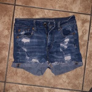 AEO size 0 hi-rise shortie denim shorts.
